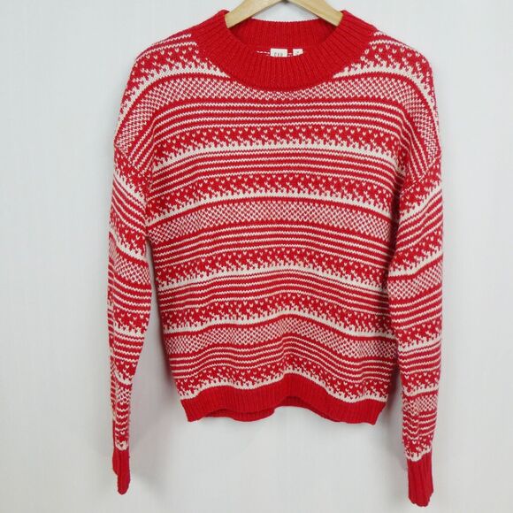 Gap Fair Isle Mock Neck Pullover Sweater Sz M Red Ivory Heavyweight Knit - Picture 2 of 9